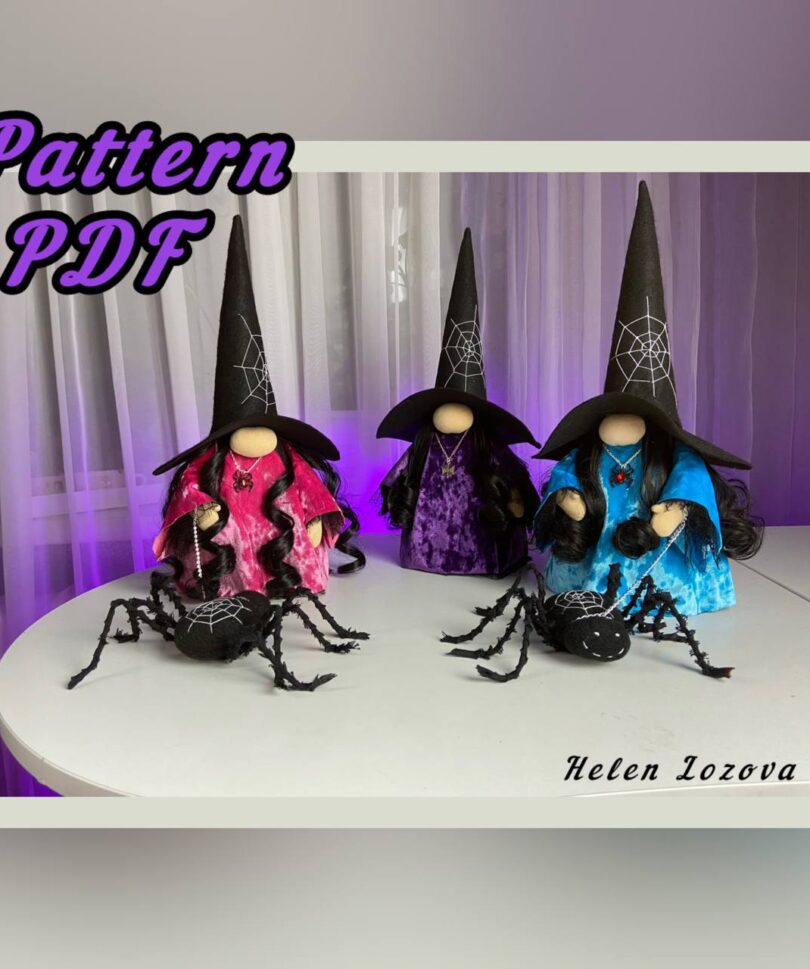 pattern pdf scandinavian gnome witch with spider for Halloween