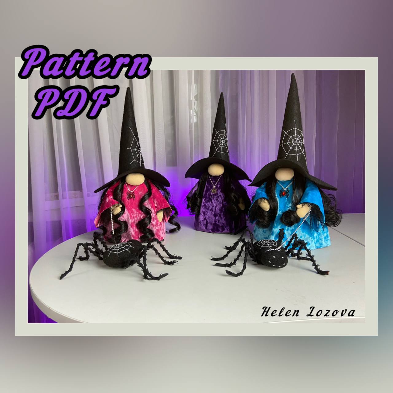 pattern pdf scandinavian gnome witch with spider for Halloween