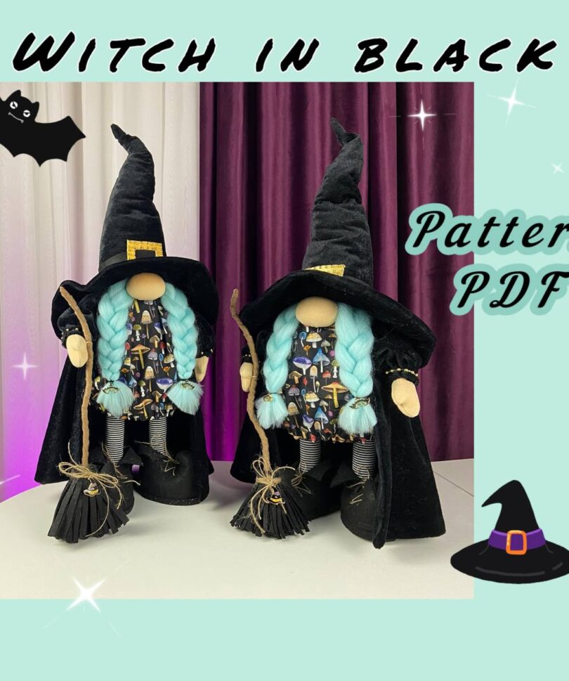 pattern pdf scandinavian gnome witch in black for Halloween