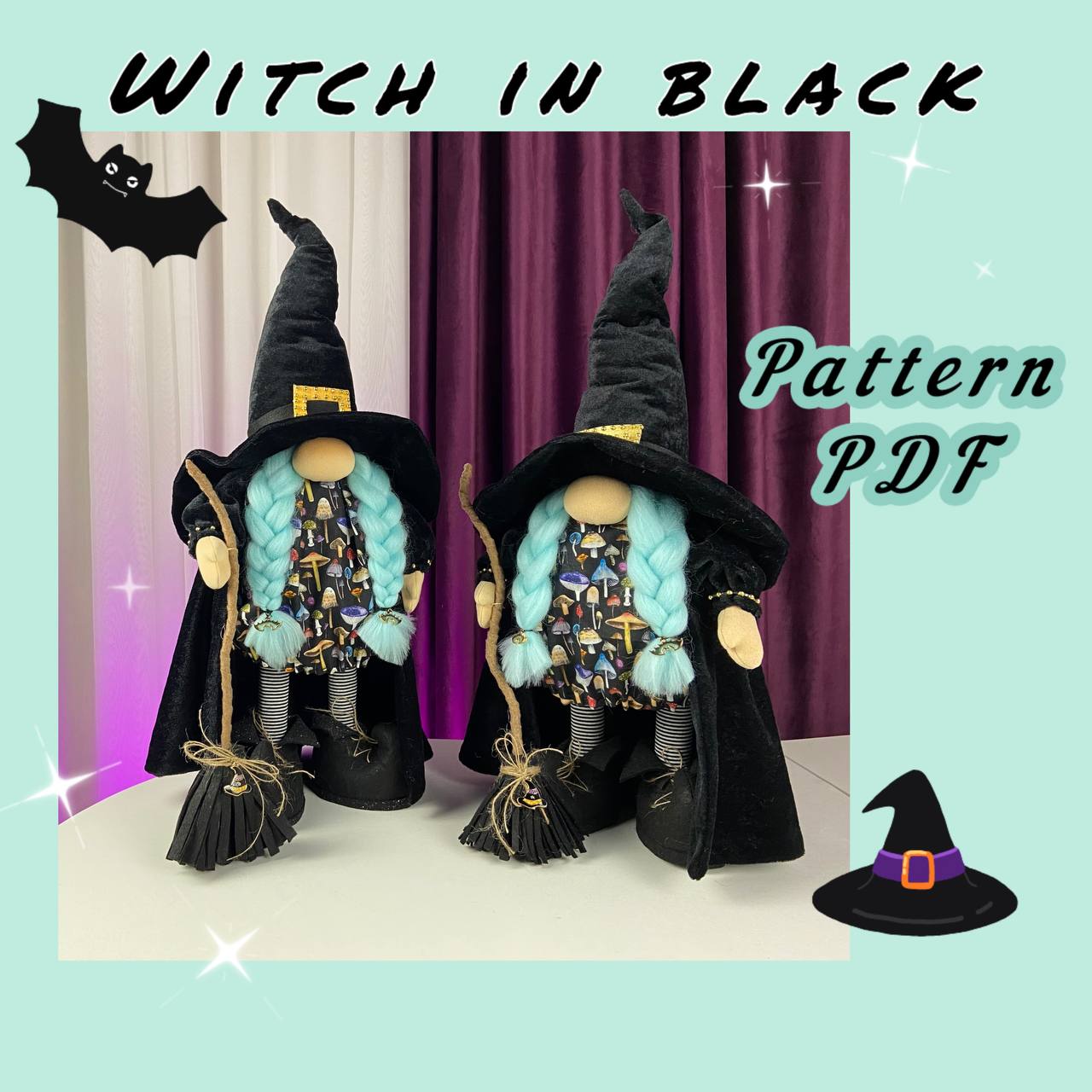 pattern pdf scandinavian gnome witch in black for Halloween