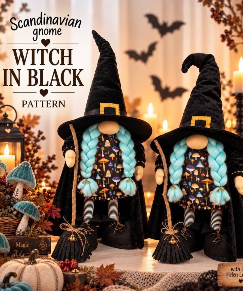 pattern pdf scandinavian gnome witch in black for Halloween