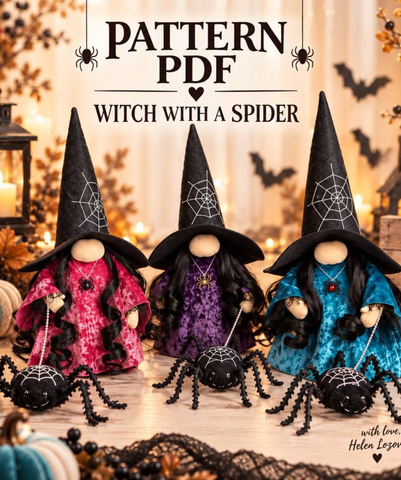 pattern pdf scandinavian gnome witch with spider for Halloween